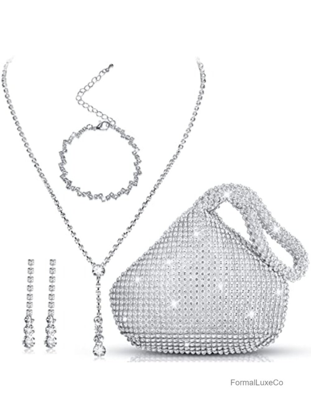 Silver Rhinestone Clutch Purse Jewelry Set for Women - Necklace Earrings